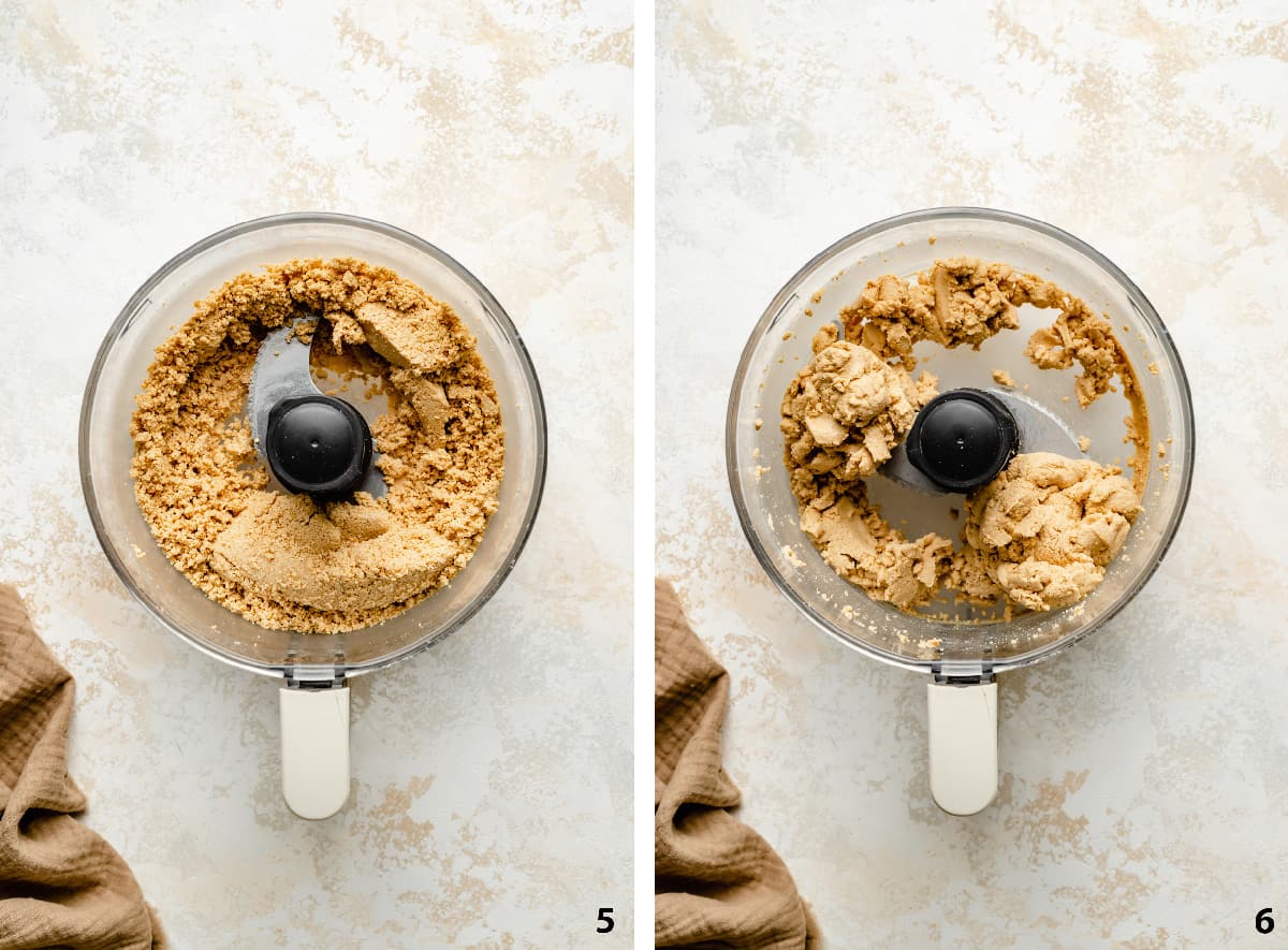 Process steps showing the cashew flour starting to release oils and clumping up.