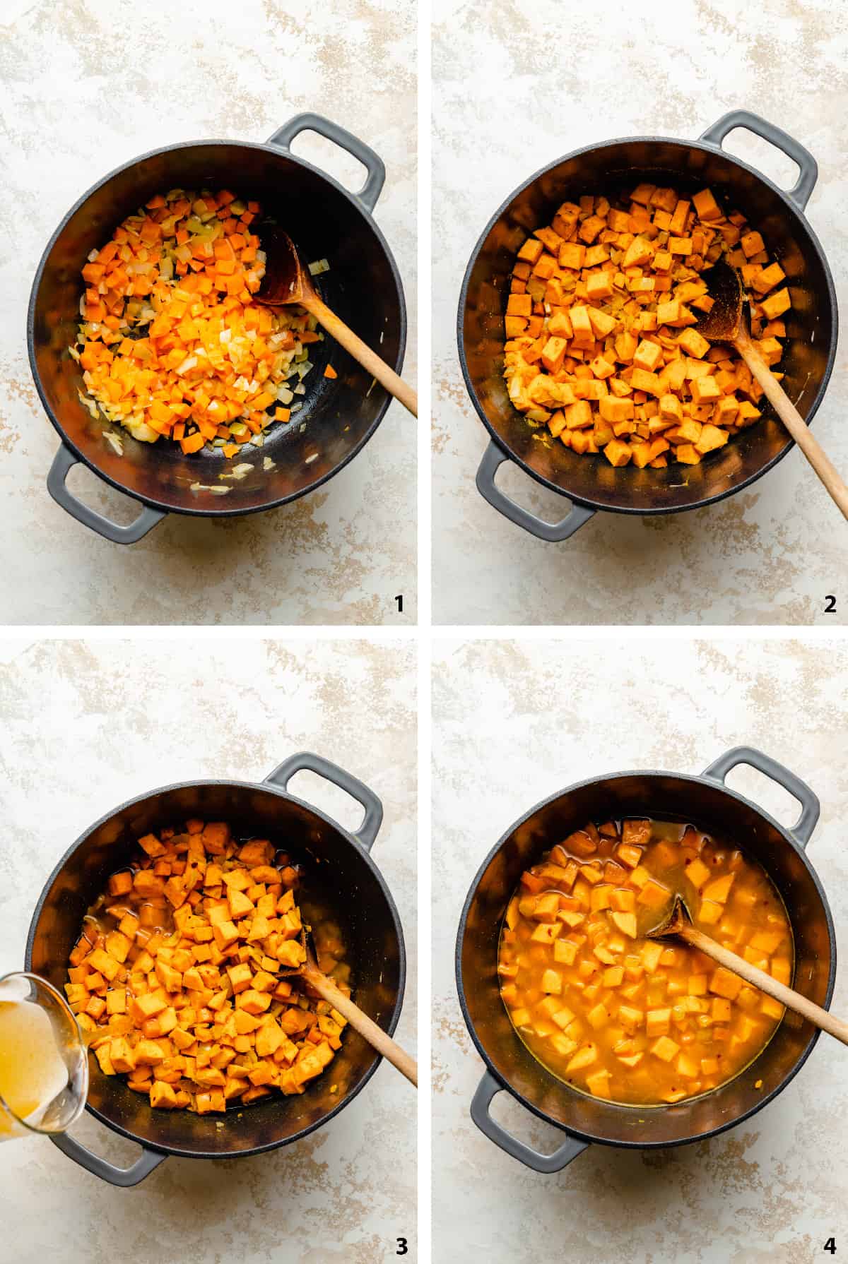 Process steps showing the onions and carrots sautéed, adding the sweet potato and spices, stock and cooked soup.
