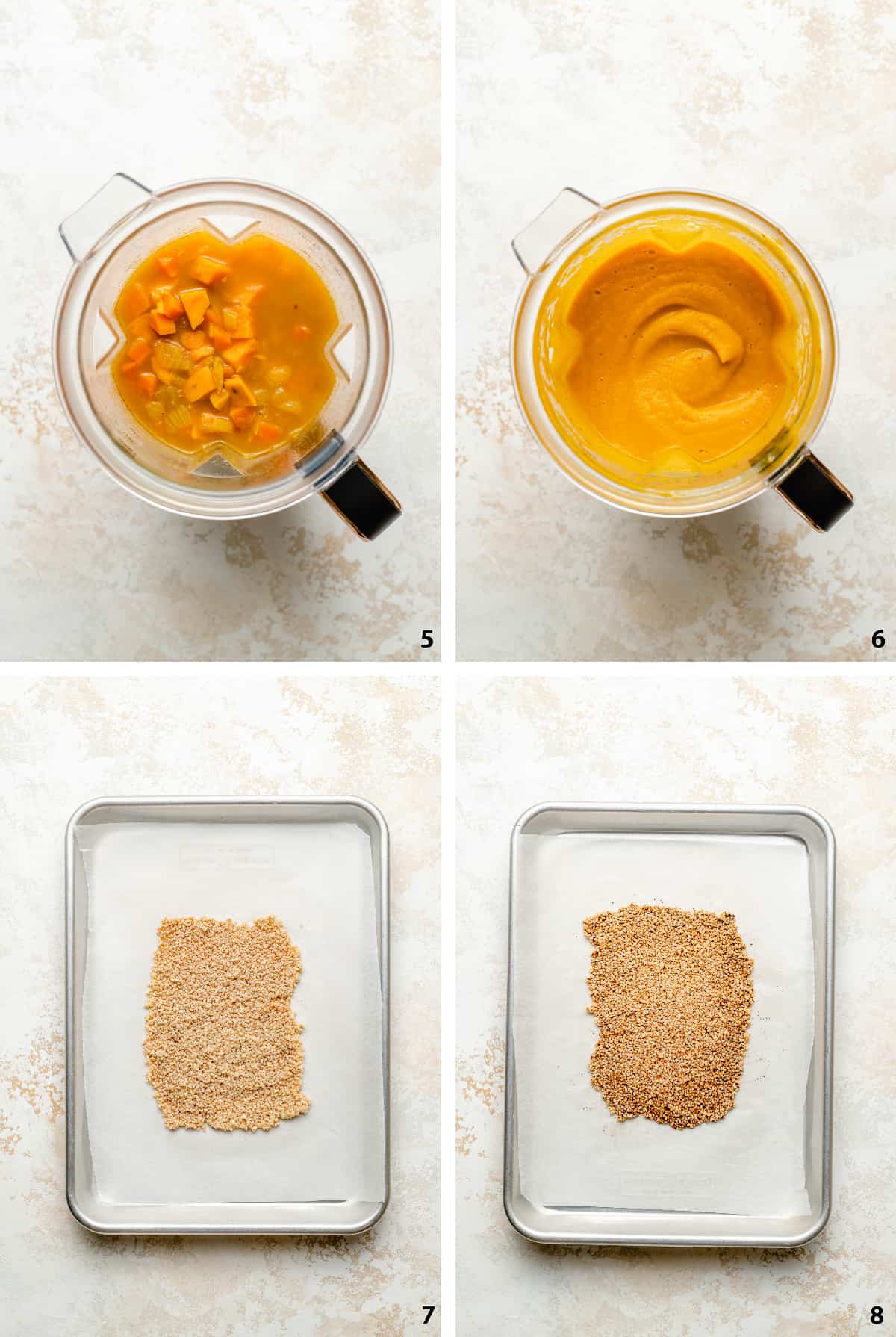 Process steps of soup before and after blending and sesame brittle before and after baking.