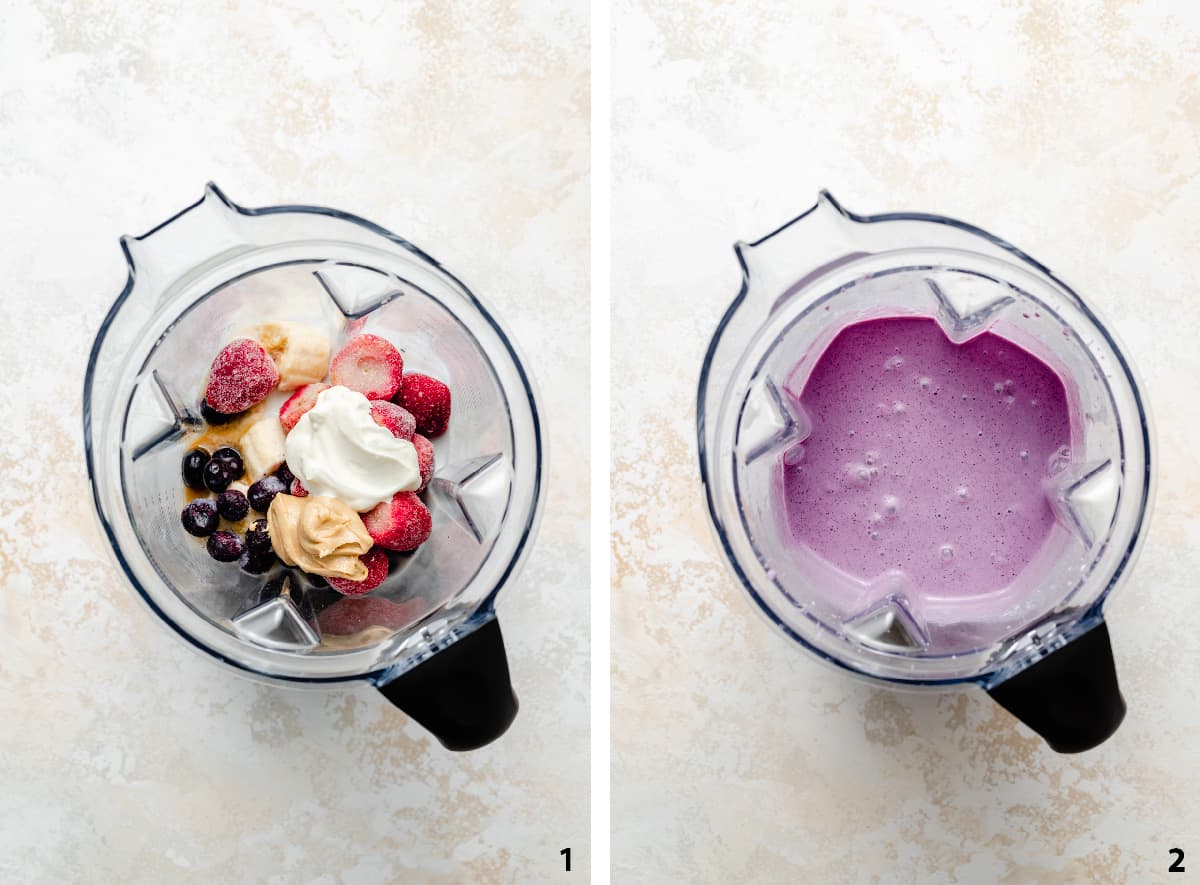 Process steps of before and after blending the smoothie in a blender jug.