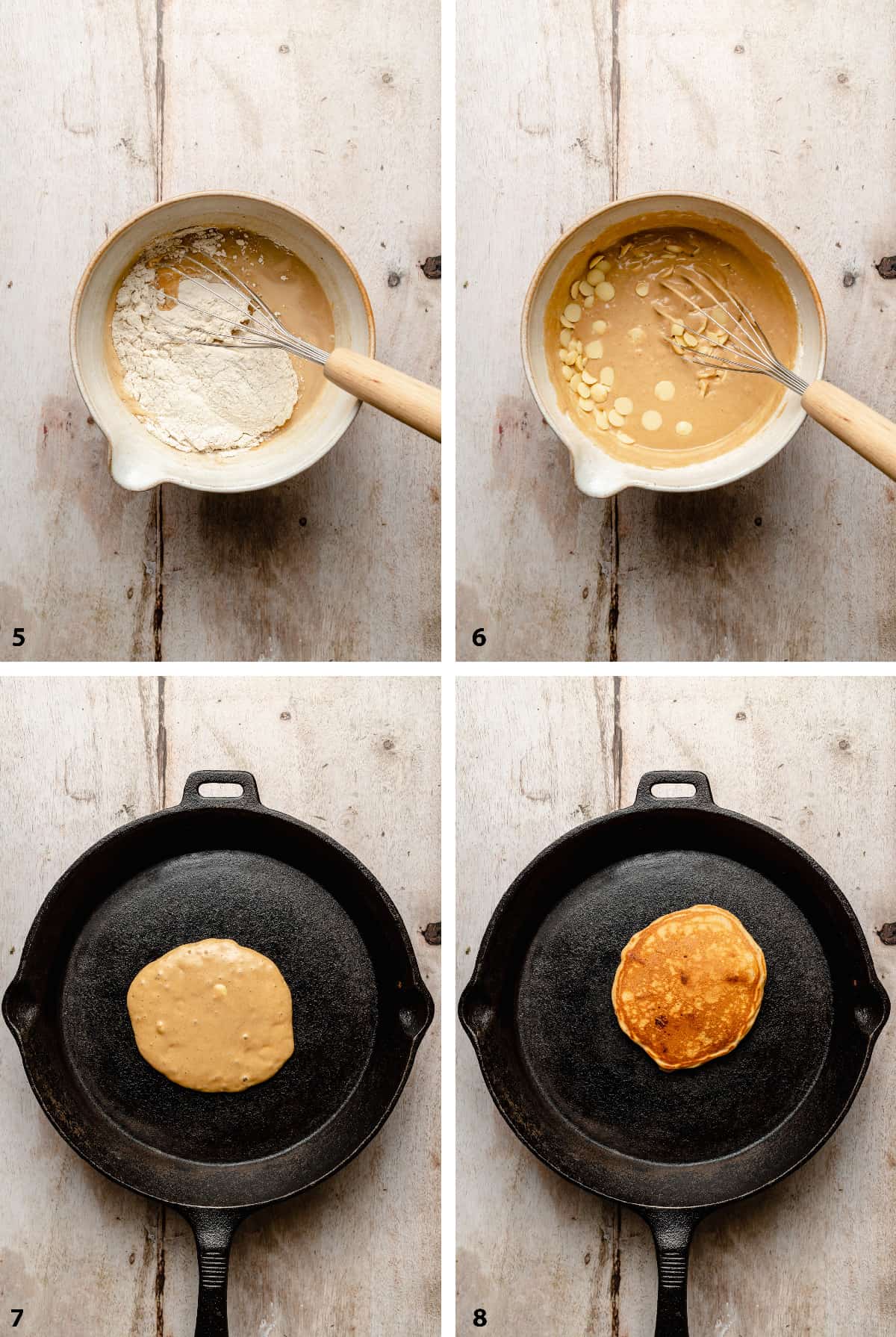 Process of making the pancake batter, stirring through white chocolate chips and pre flipped and flipped in a pan.