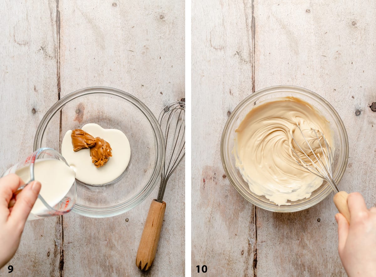Process of biscoff and cream being whipped together in a bowl.