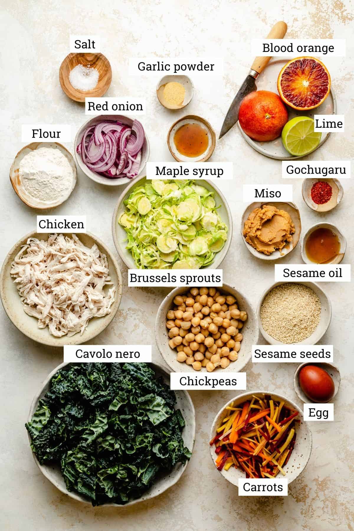 Ingredients for the chicken kale citrus salad in various bowls which have been labelled.