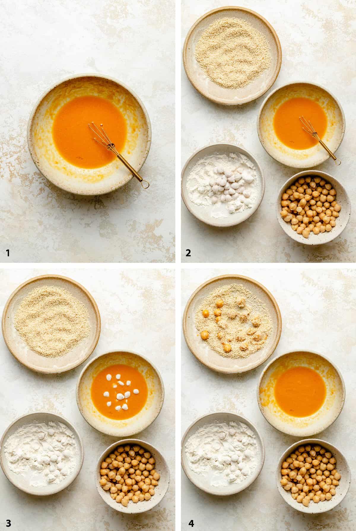 Process steps of coating the crispy chickpeas in sesame seeds.