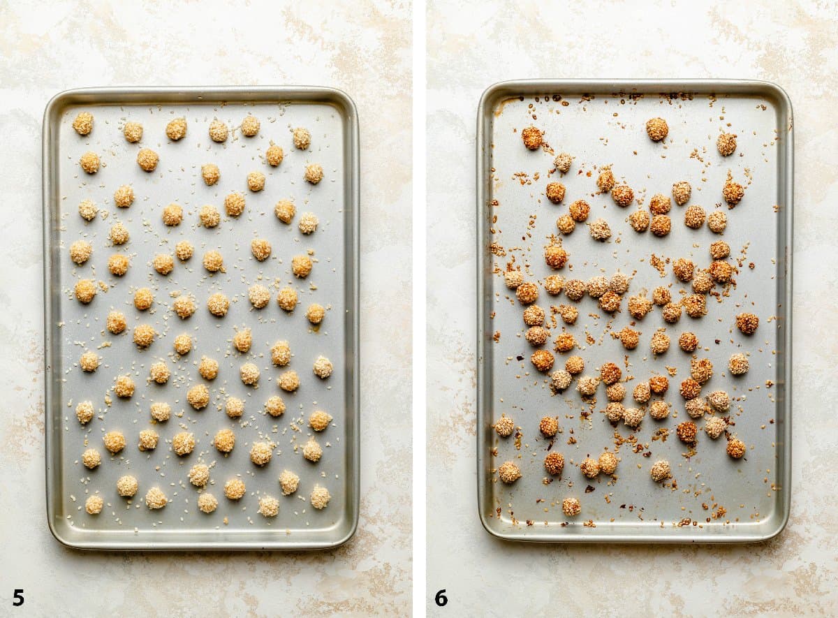 Before and after of the baked crispy miso sesame crusted chickpeas.