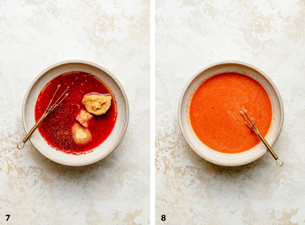 Process of dressing ingredients in bowl and whisked together.