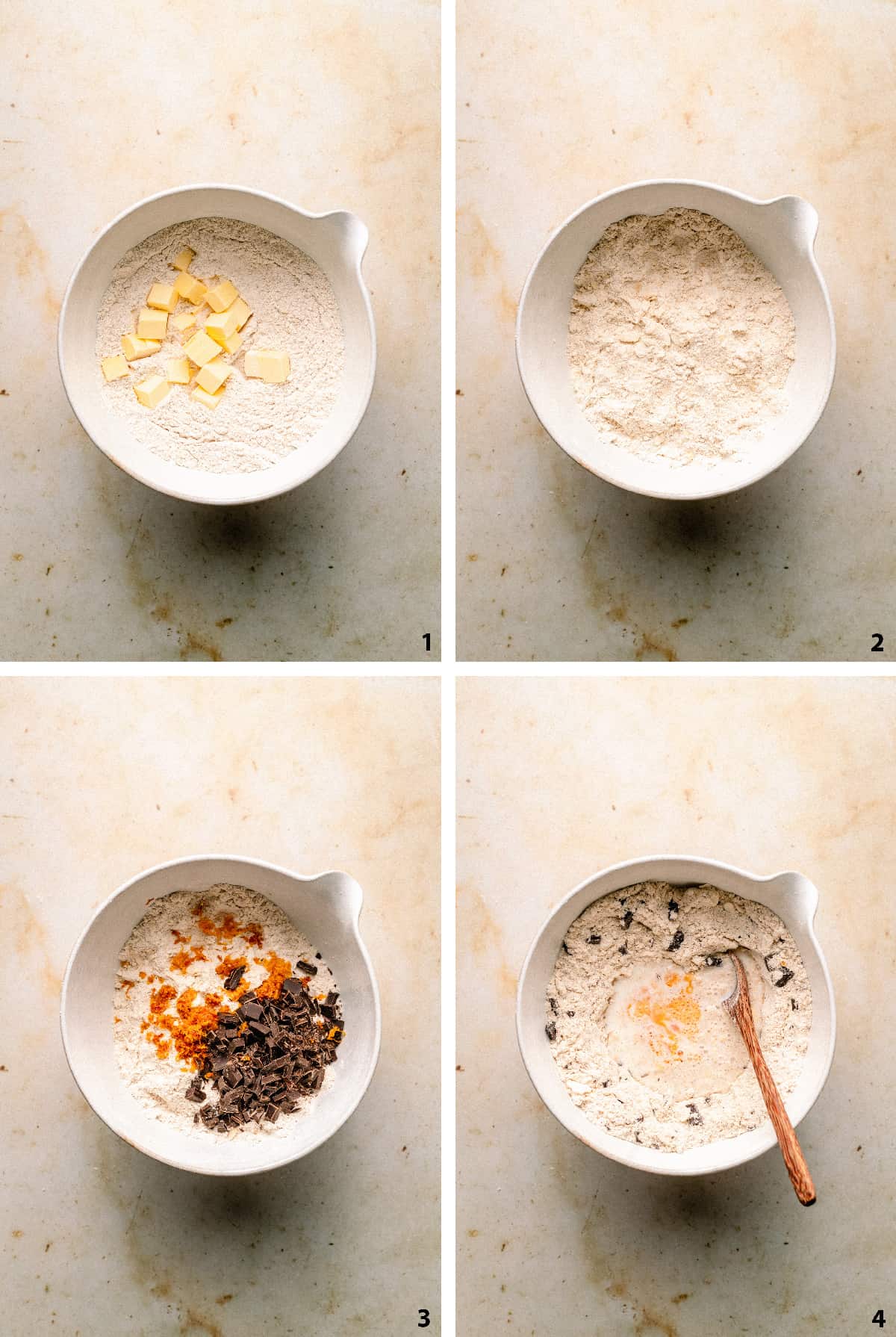 Process steps of mixing dry and then wet ingredients in a bowl.