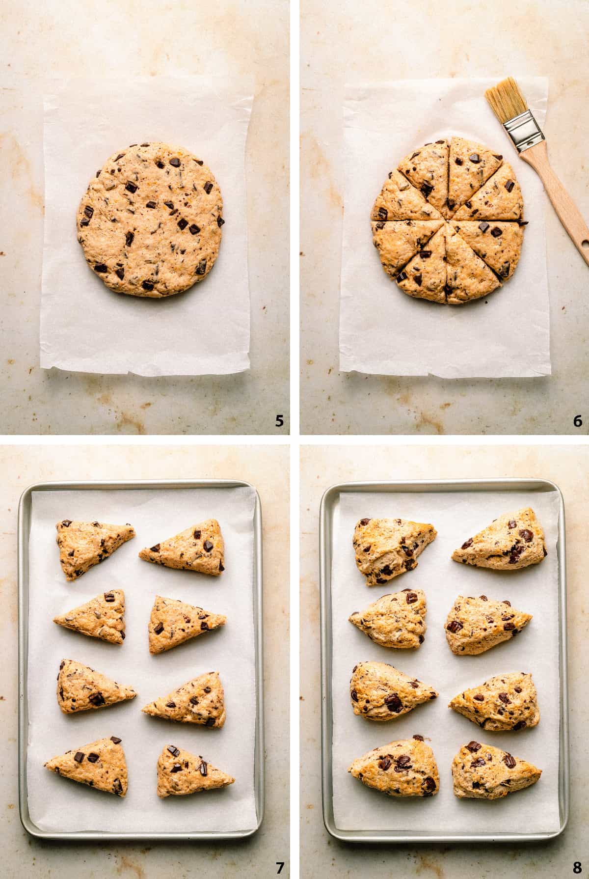 Process steps of dough flattened, cut into wedges and baked on a baking sheet.