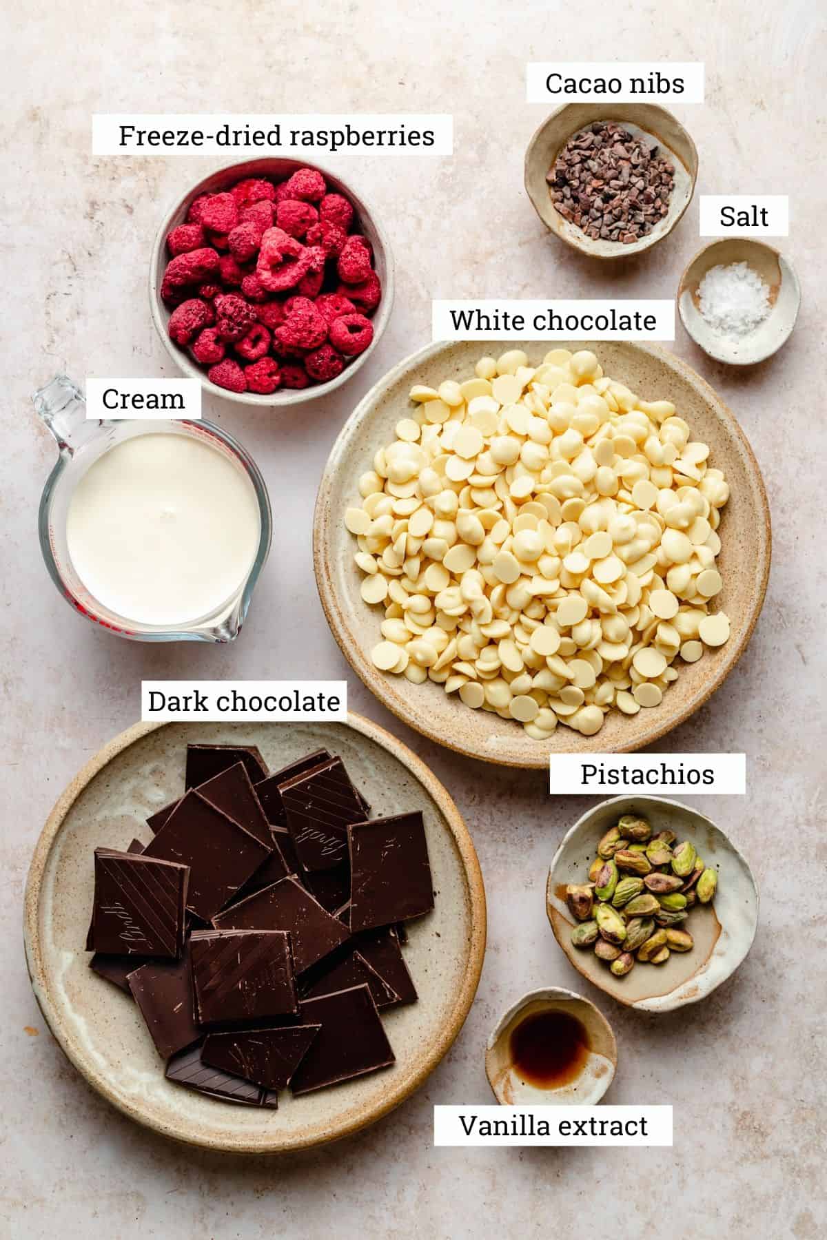 Ingredients for dark chocolate truffles in bowls labelled. 