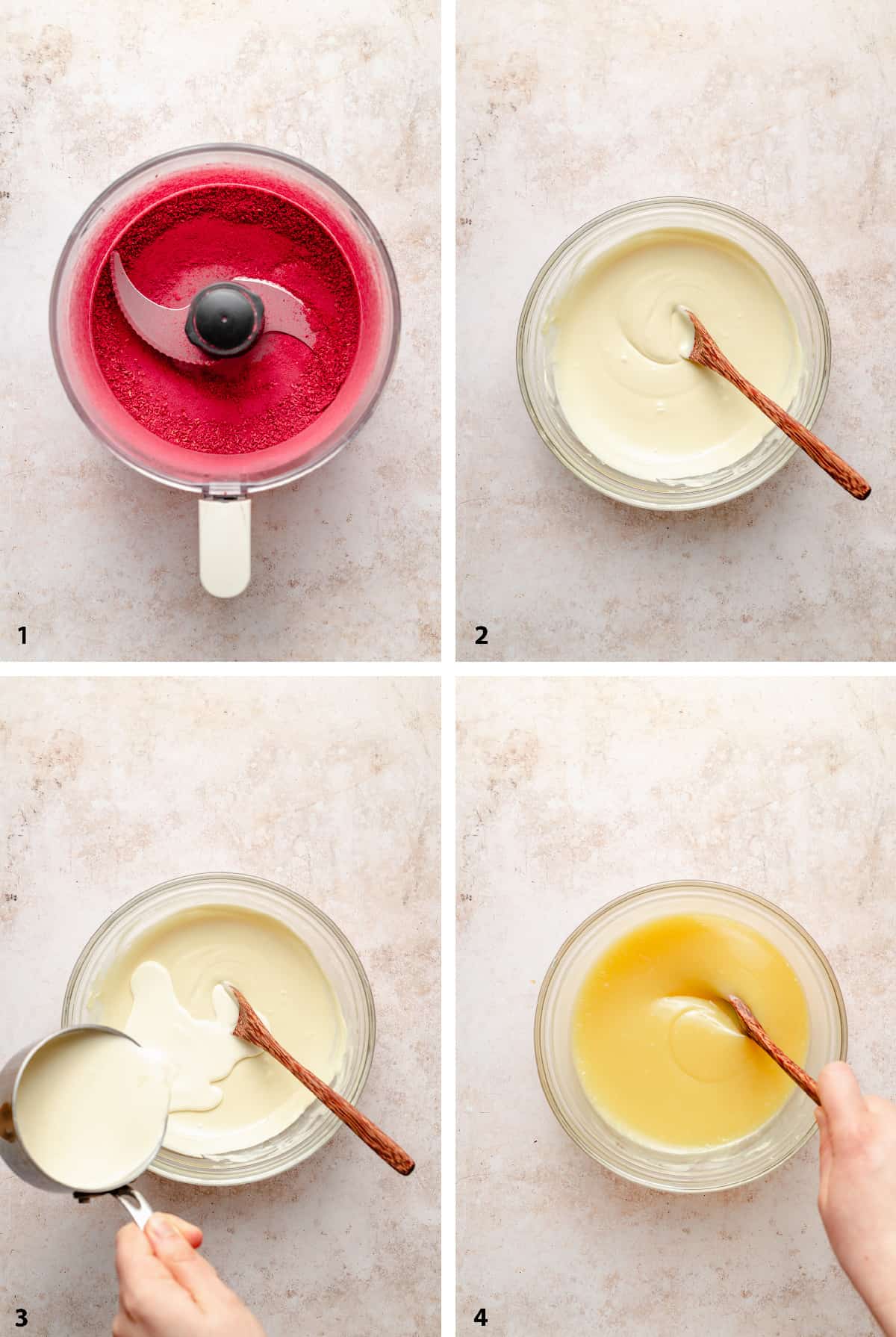 Process steps of making raspberry powder and white chocolate ganache.