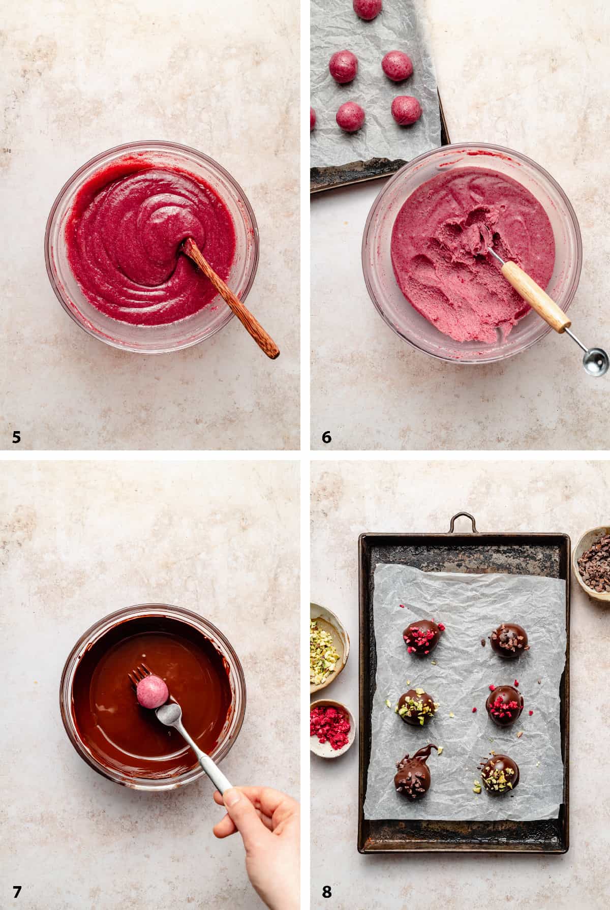 Process of making the raspberry chocolate ganache and coating them in dark chocolate.