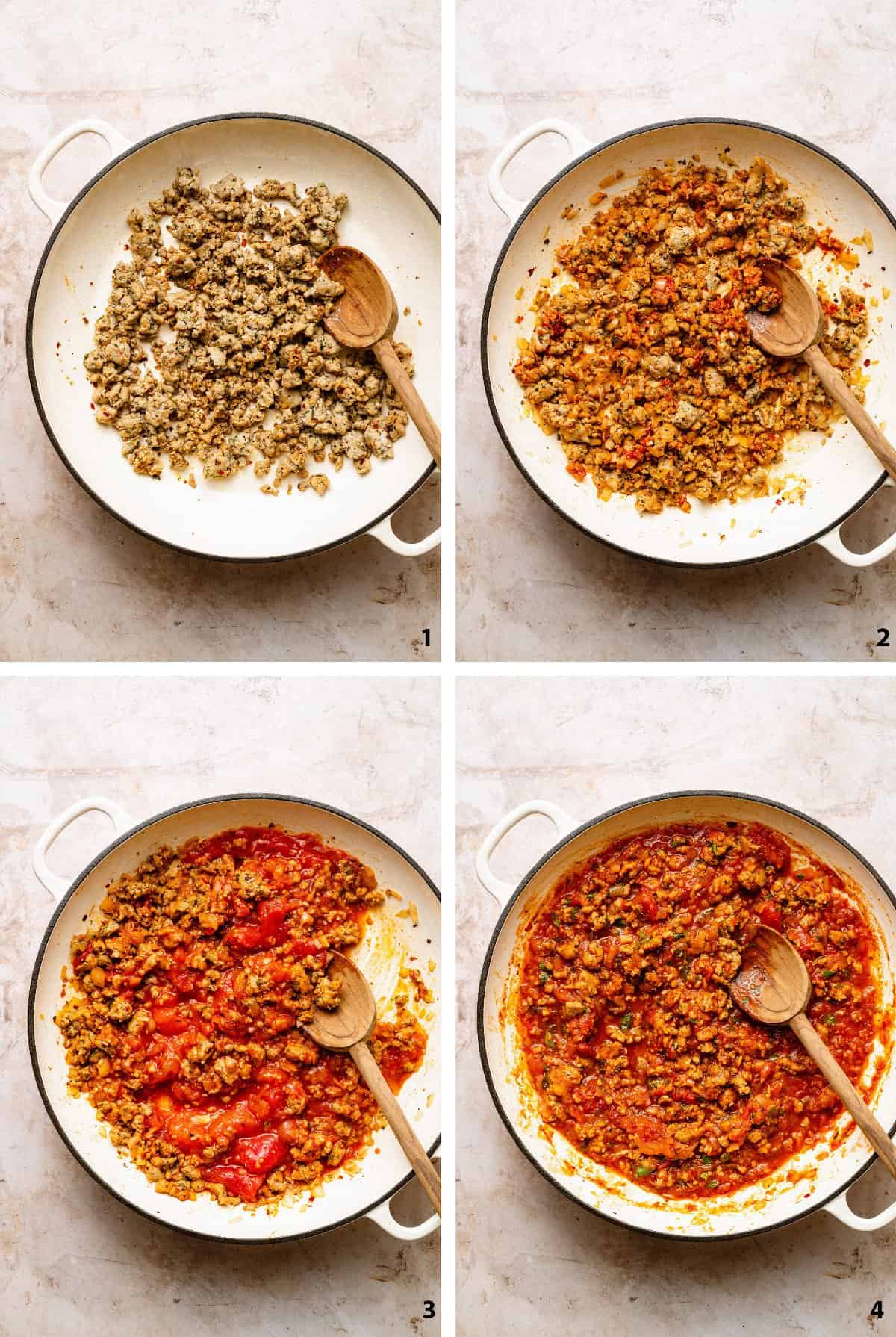Process of creating the sausage ragu in a large skillet with a spoon.