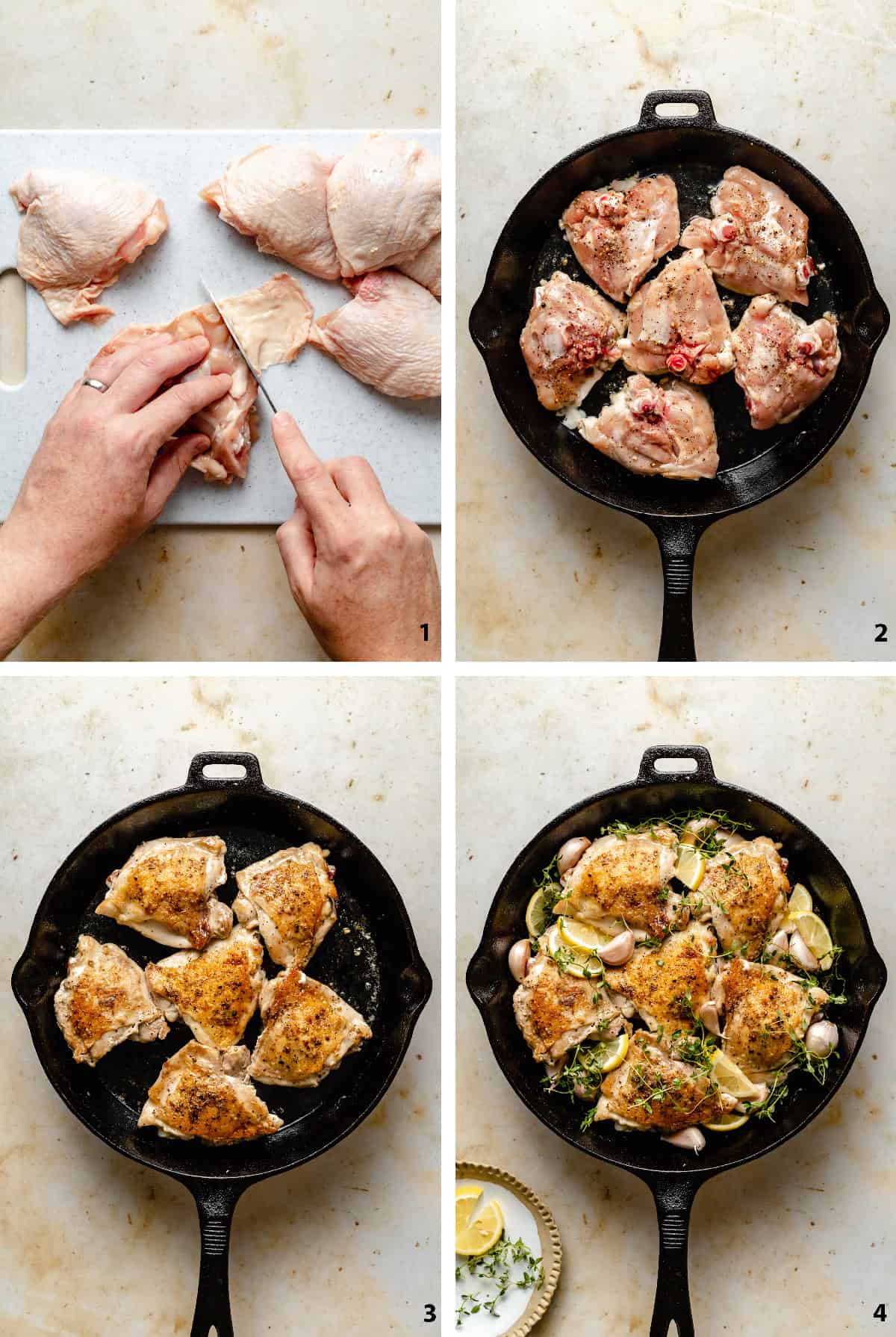 Process steps of trimming chicken thighs, browning them in a skillet and prepping for oven.