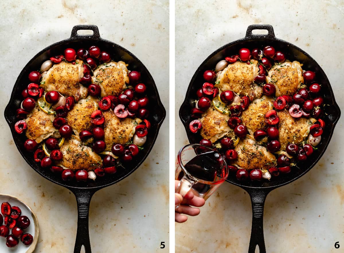 Process showing the addition of cherries and pouring over the pomegranate molasses and honey mixture