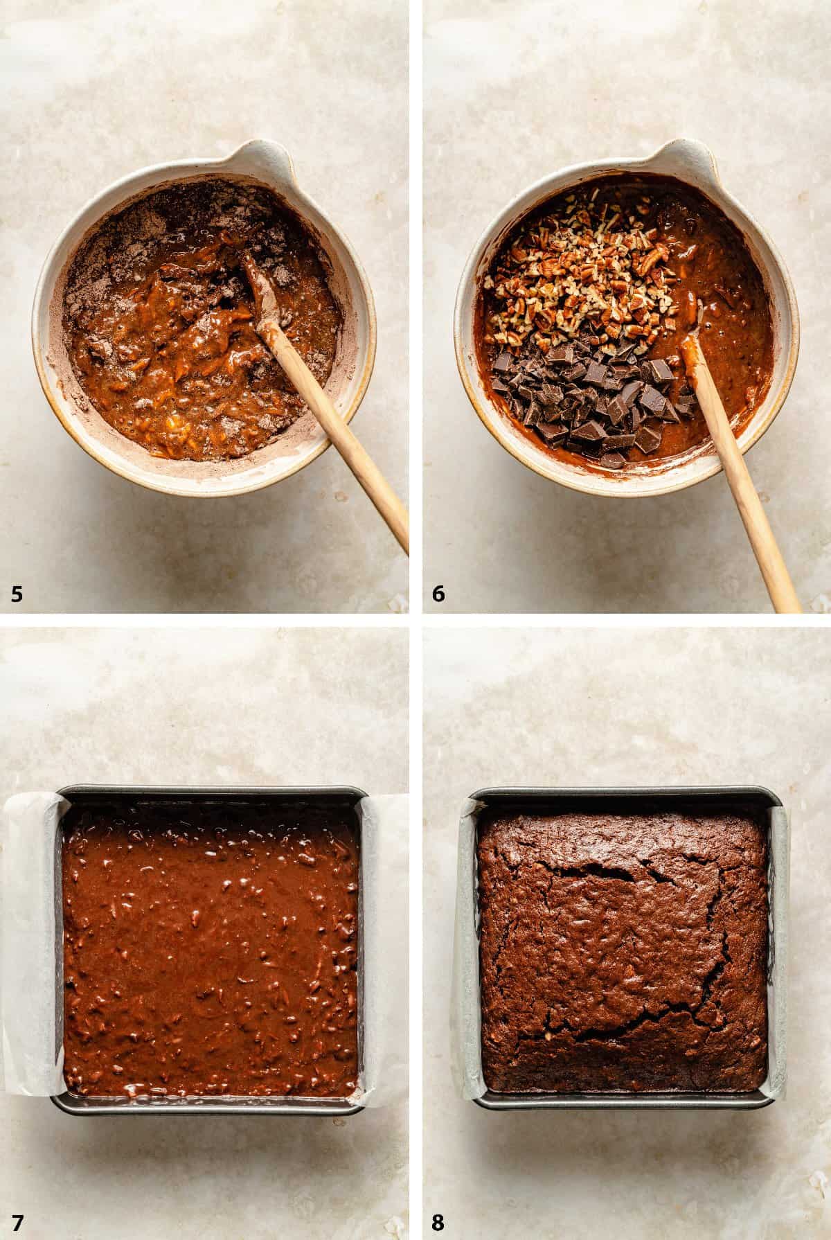 Process steps of creating the carrot cake batter, pouring in the baking tin and baked. 