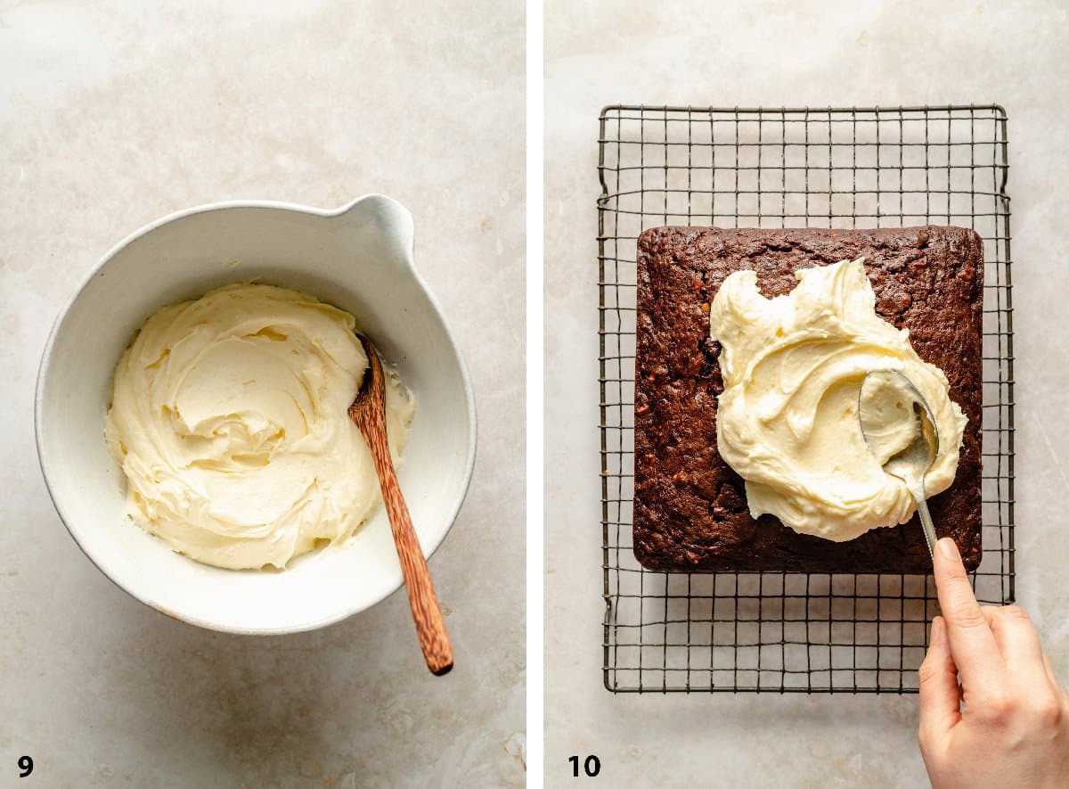 A bowl of white chocolate cream cheese frosting and frosting the carrot cake.