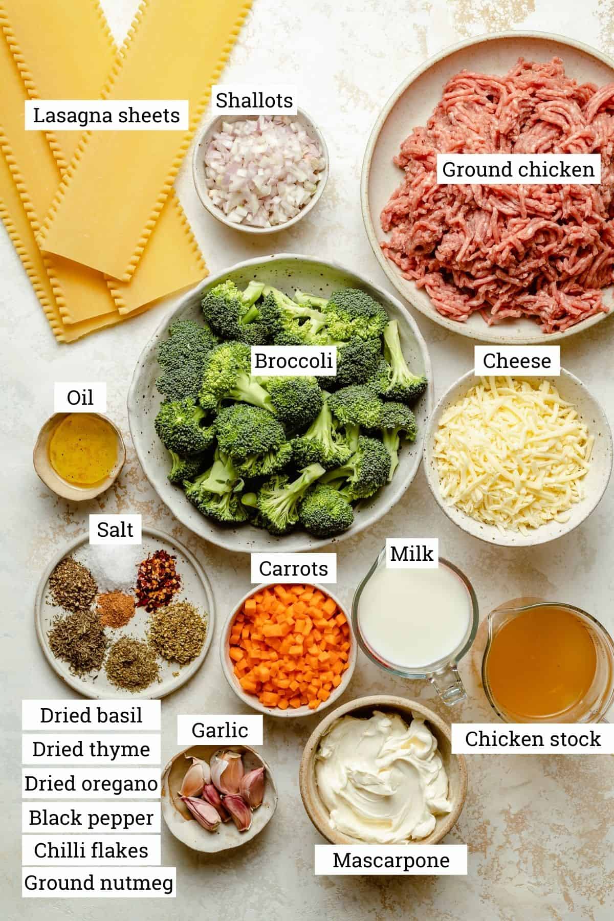 Ingredients in bowls including, chicken mince, broccoli, lasagna noodles, spices and cheese. 