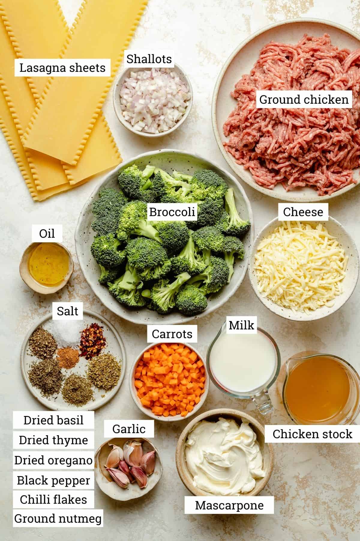 Ingredients in bowls including, chicken mince, broccoli, lasagna noodles, spices and cheese.
