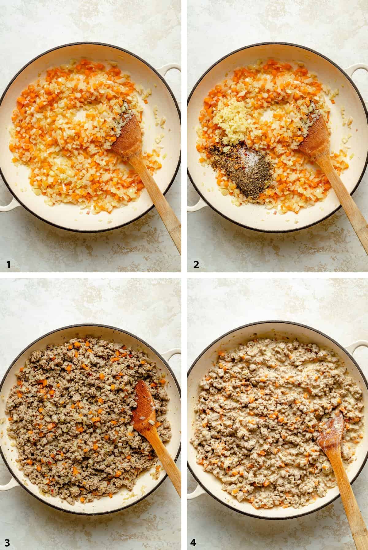 Process steps of creating the creamy chicken mince sauce.