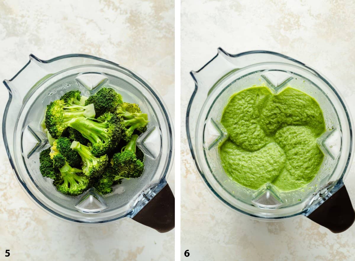 Process steps of blending steamed broccoli into a smooth broccoli sauce.