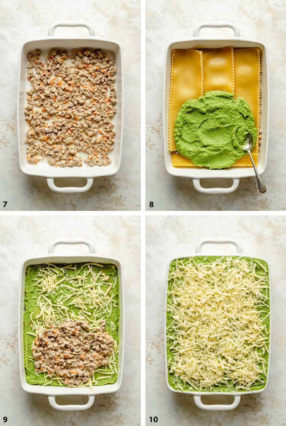 Process steps for layering the lasagna in a 9 x 13 baking dish.