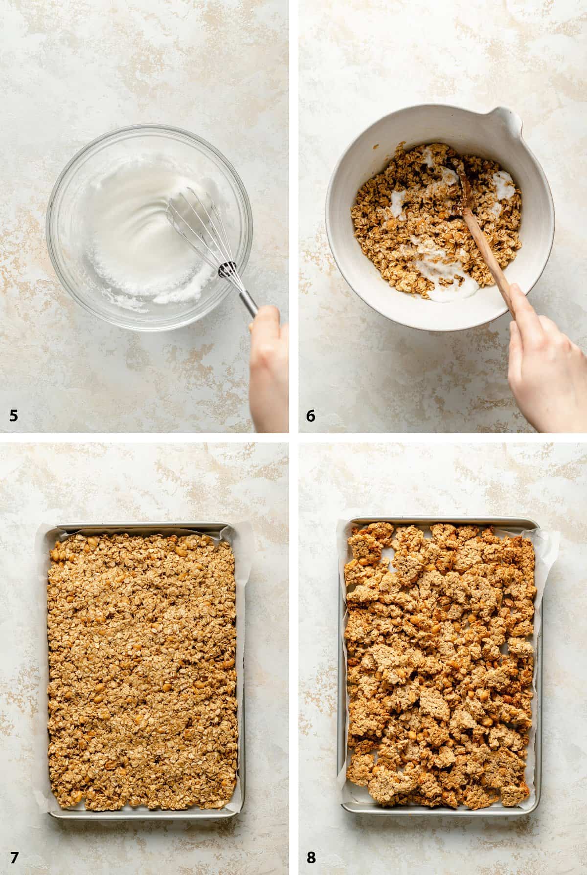 Process steps of stirring in egg whites and baking granola on a baking sheet.