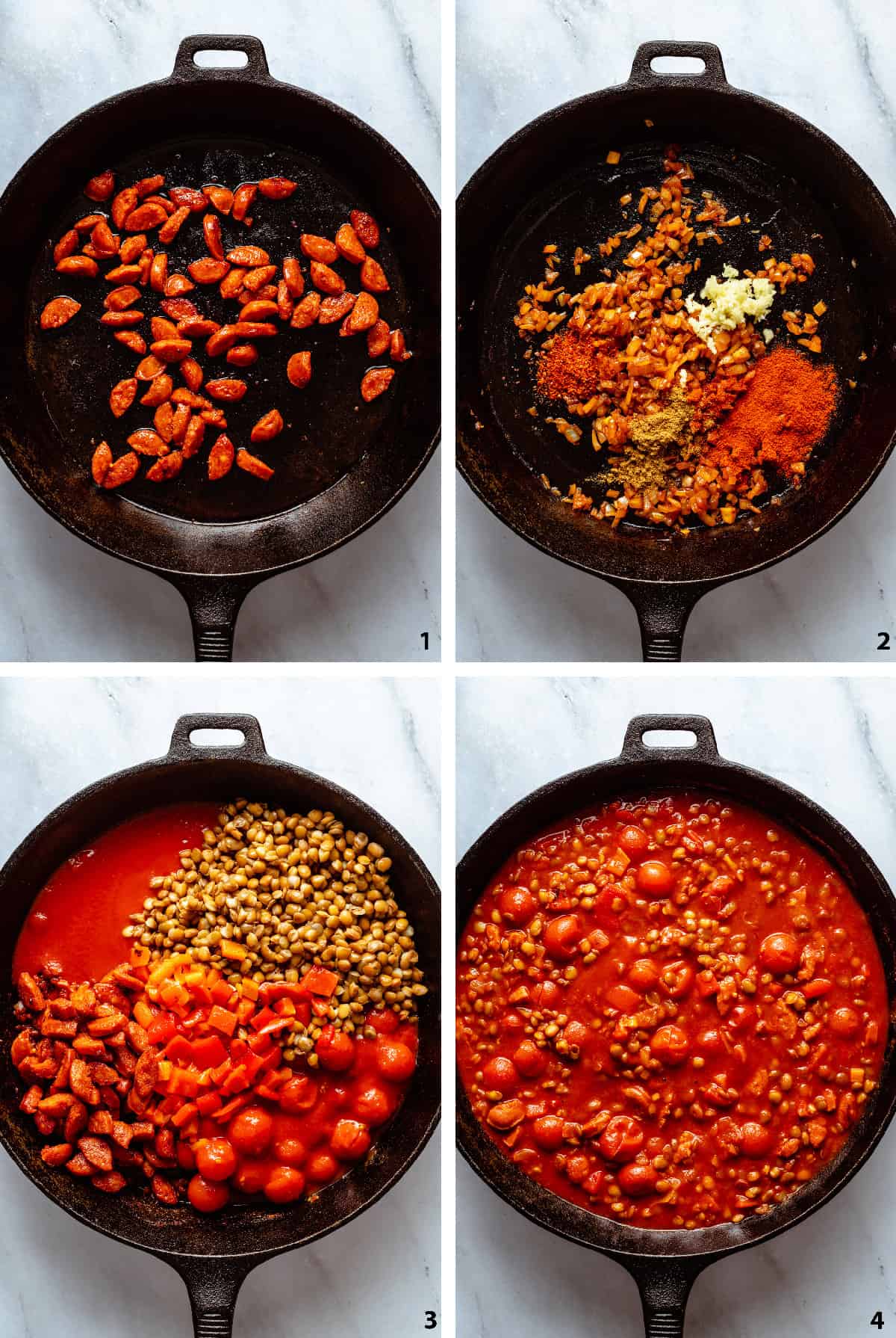 Process of creating the tomato, chorizo and lentil sauce for the shakshuka.