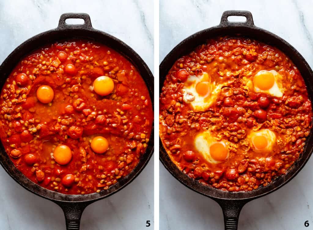 Before and after cooking the eggs in the sauce in a skillet.