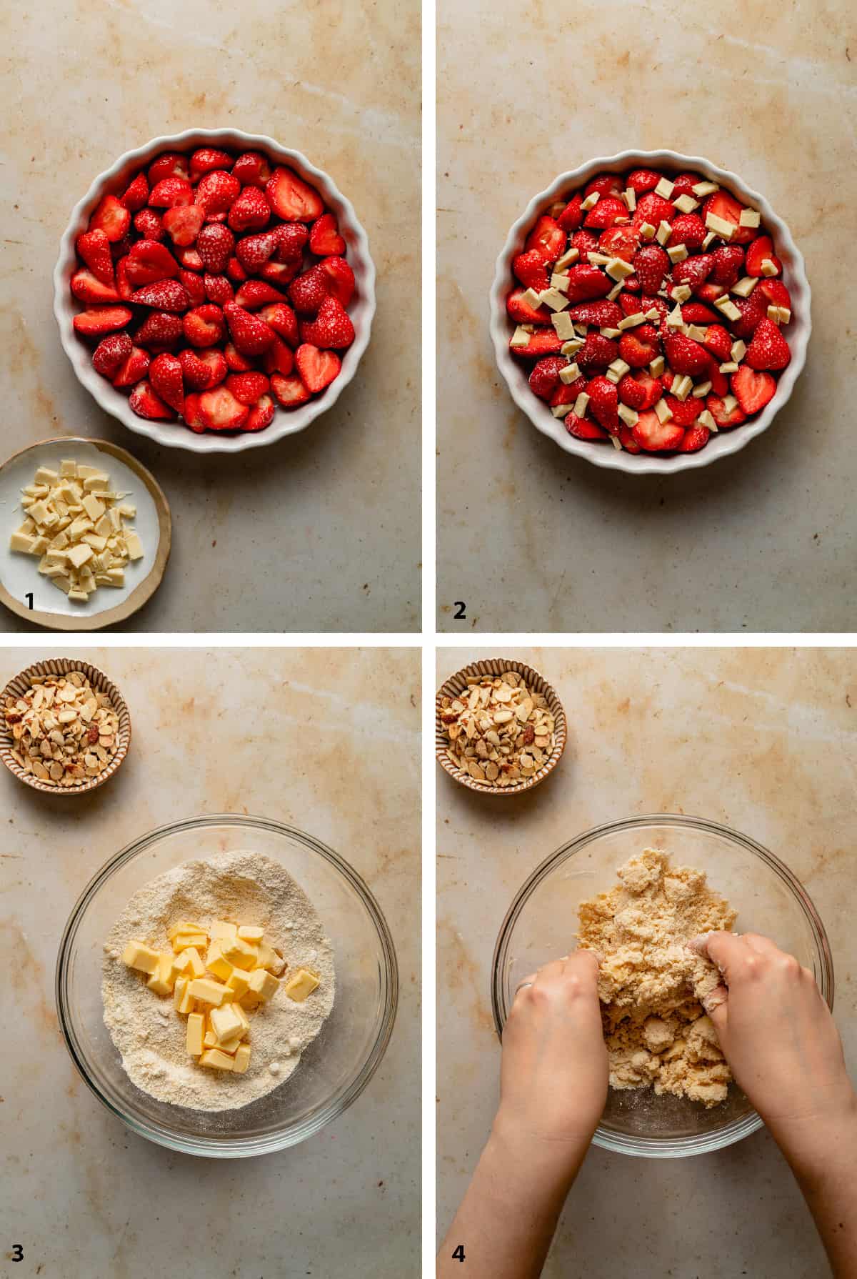 Process steps of making the strawberry filling and making the crumble topping.