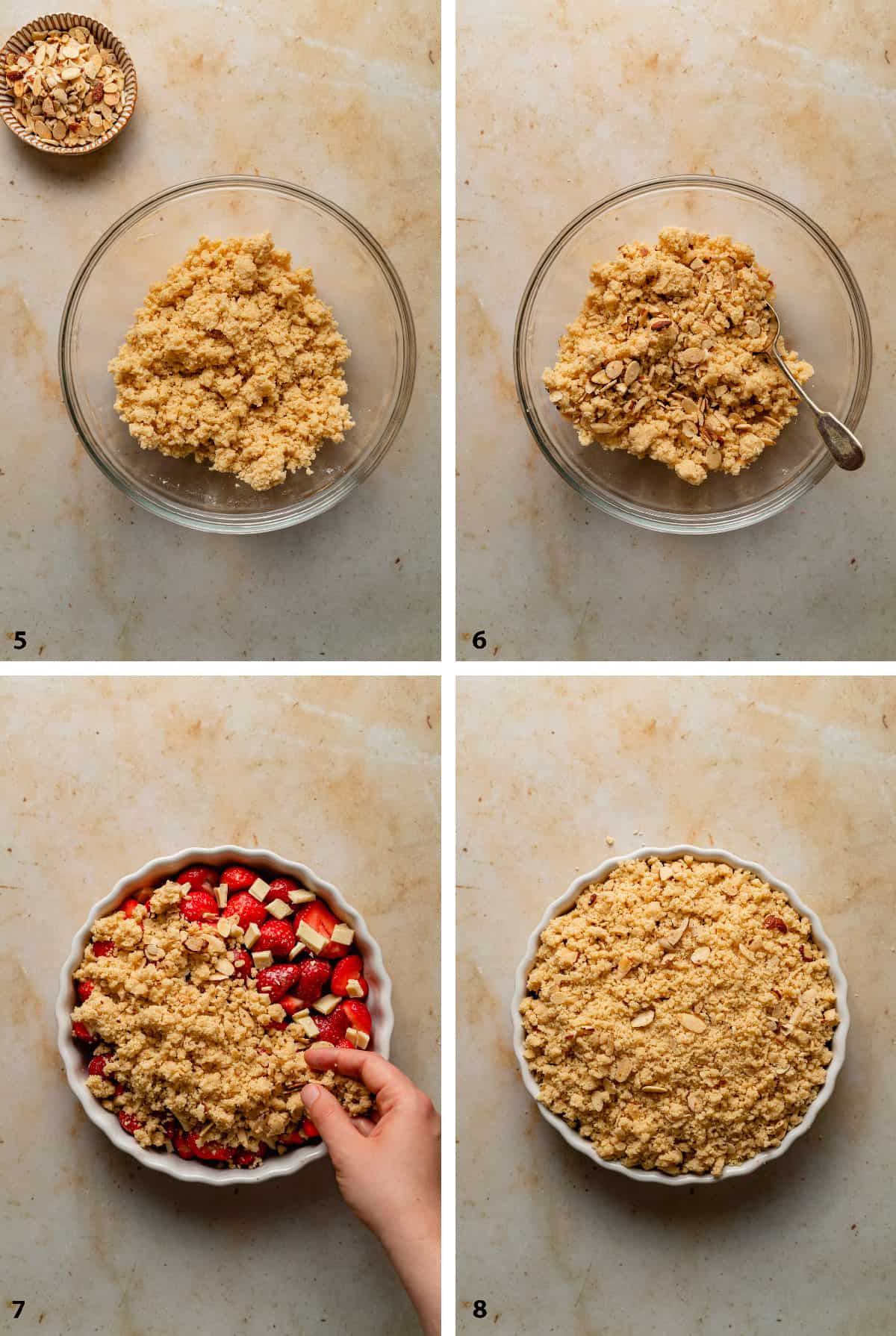 Process of finishing the crumble topping and layering on the topping on the strawberries.