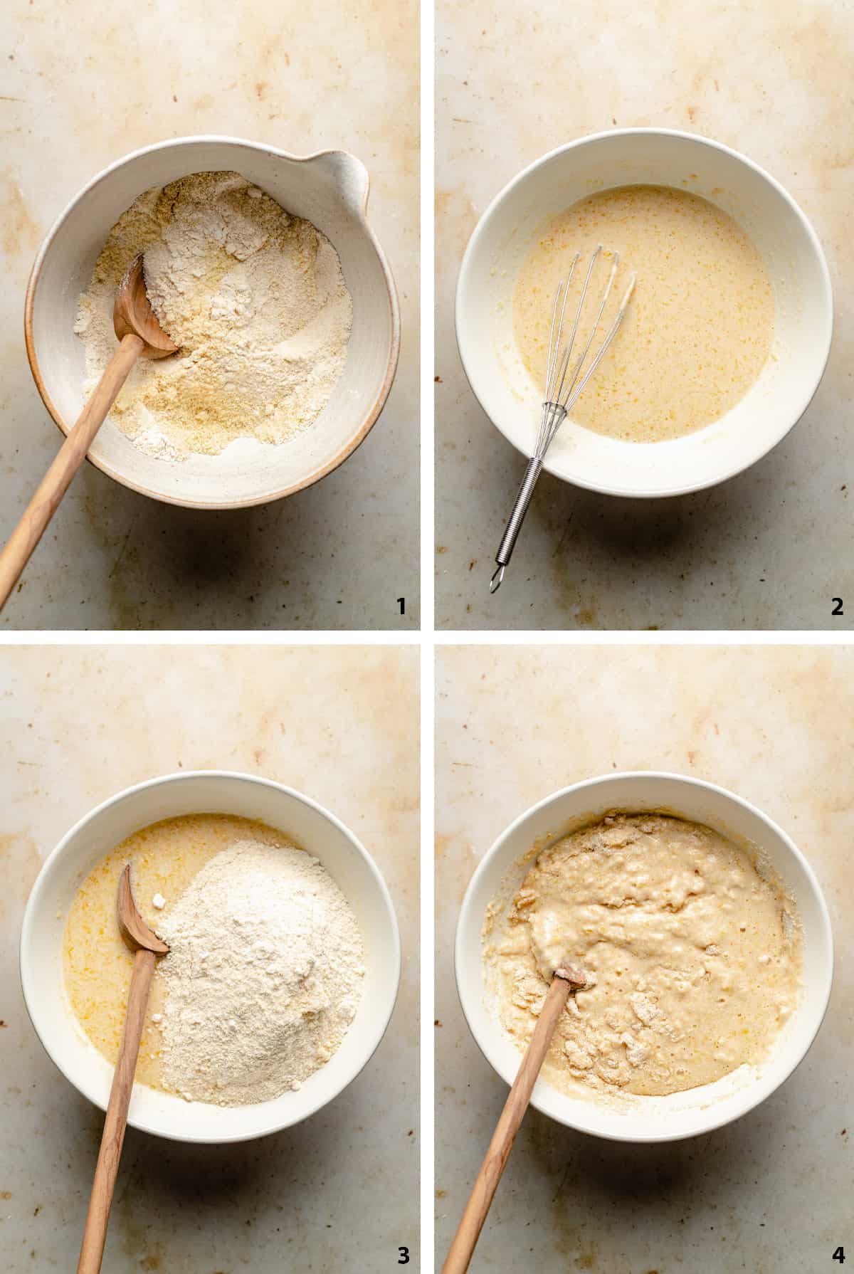 A collage of process steps to creating the sourdough muffin batter.