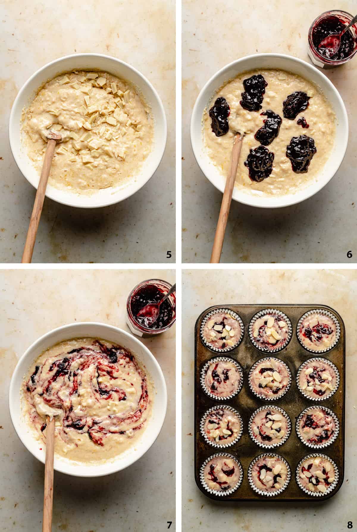 A collage of process steps finishing off the batter with cherry jam and white chocolate.