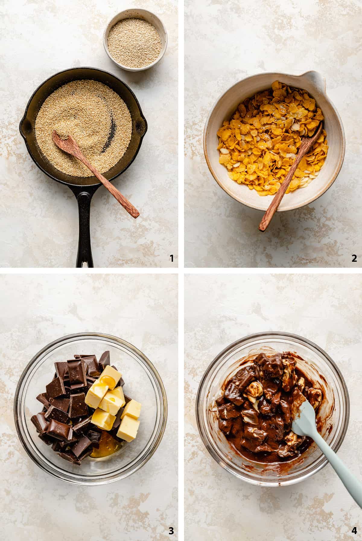 Process steps of toasting quinoa, mixing cornflake mix in a bowl and melting the chocolate mixture.