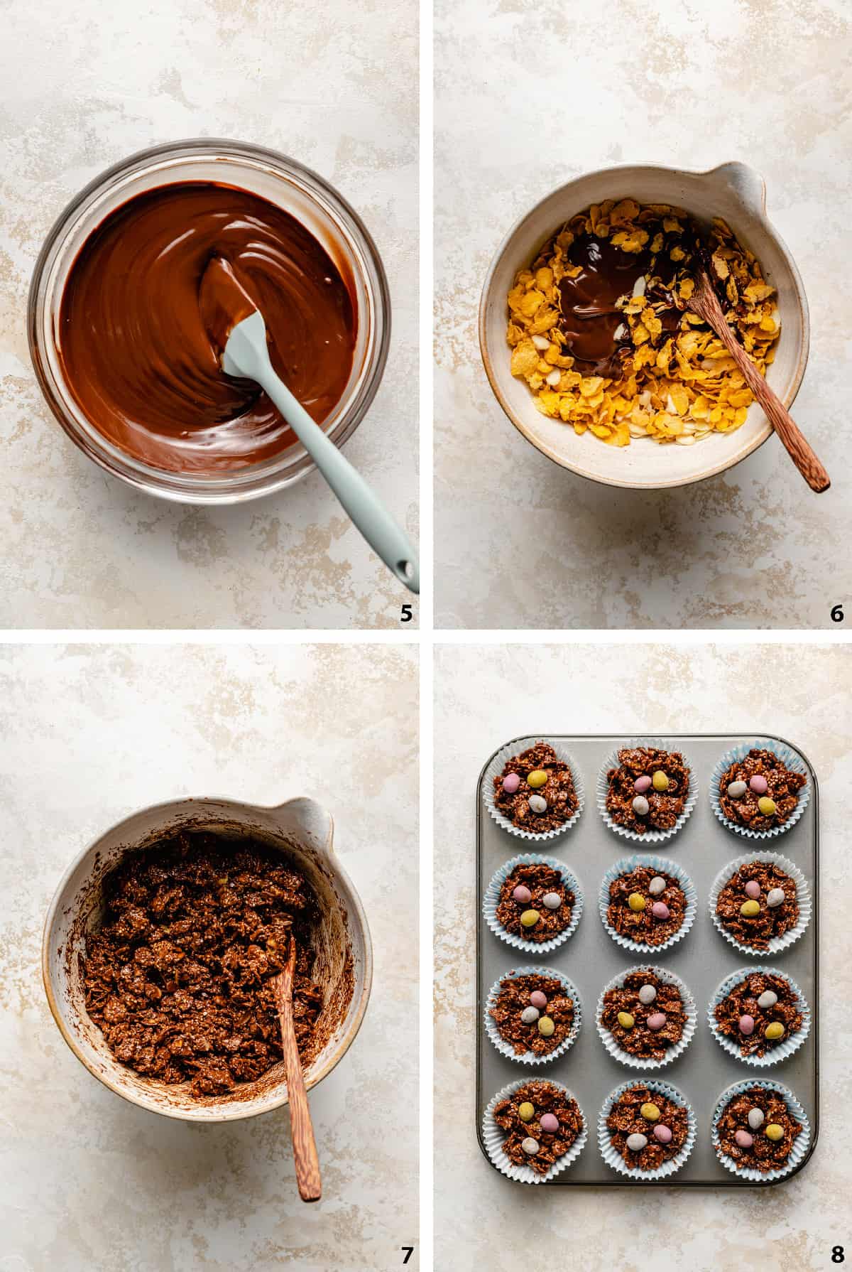 Process of smooth chocolate mix, stirring in the chocolate to the dry and set chocolate cornflake cakes in cases.