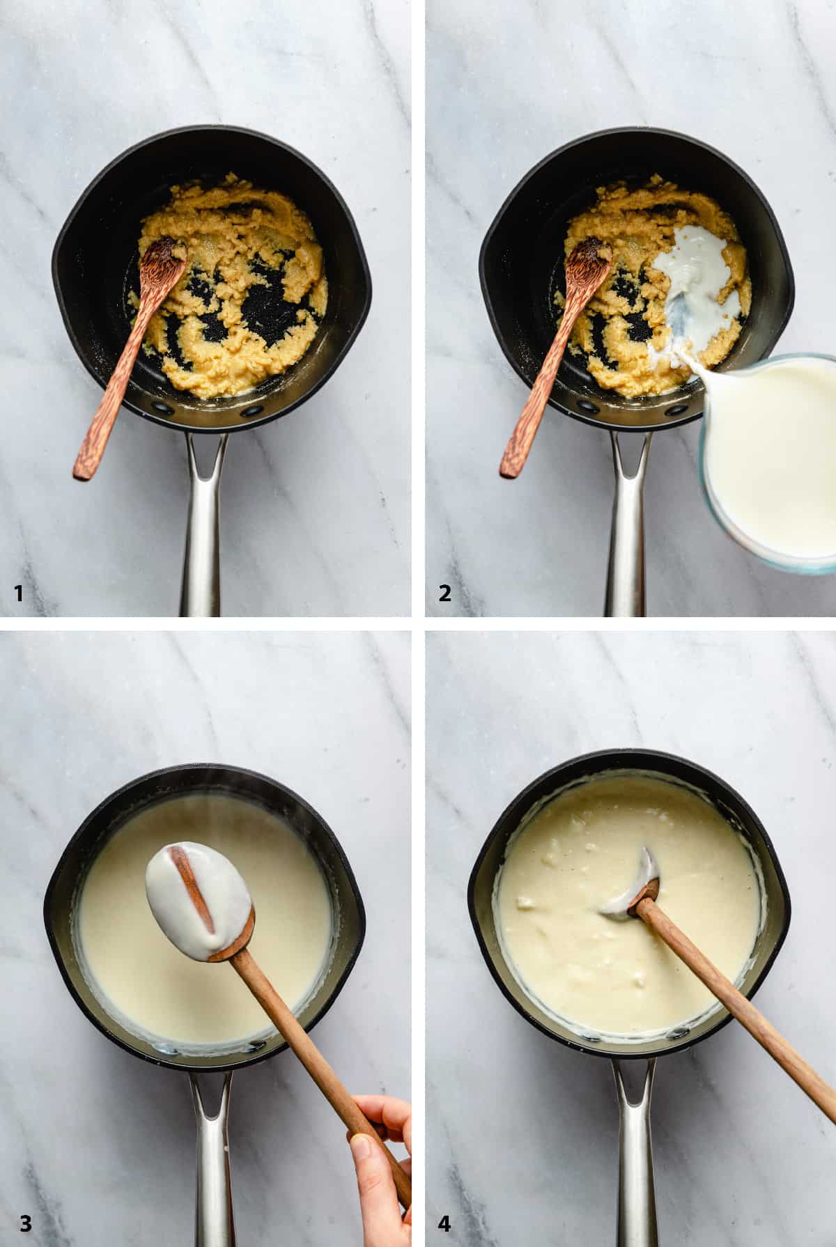 Process steps to creating the creamy cheese sauce.