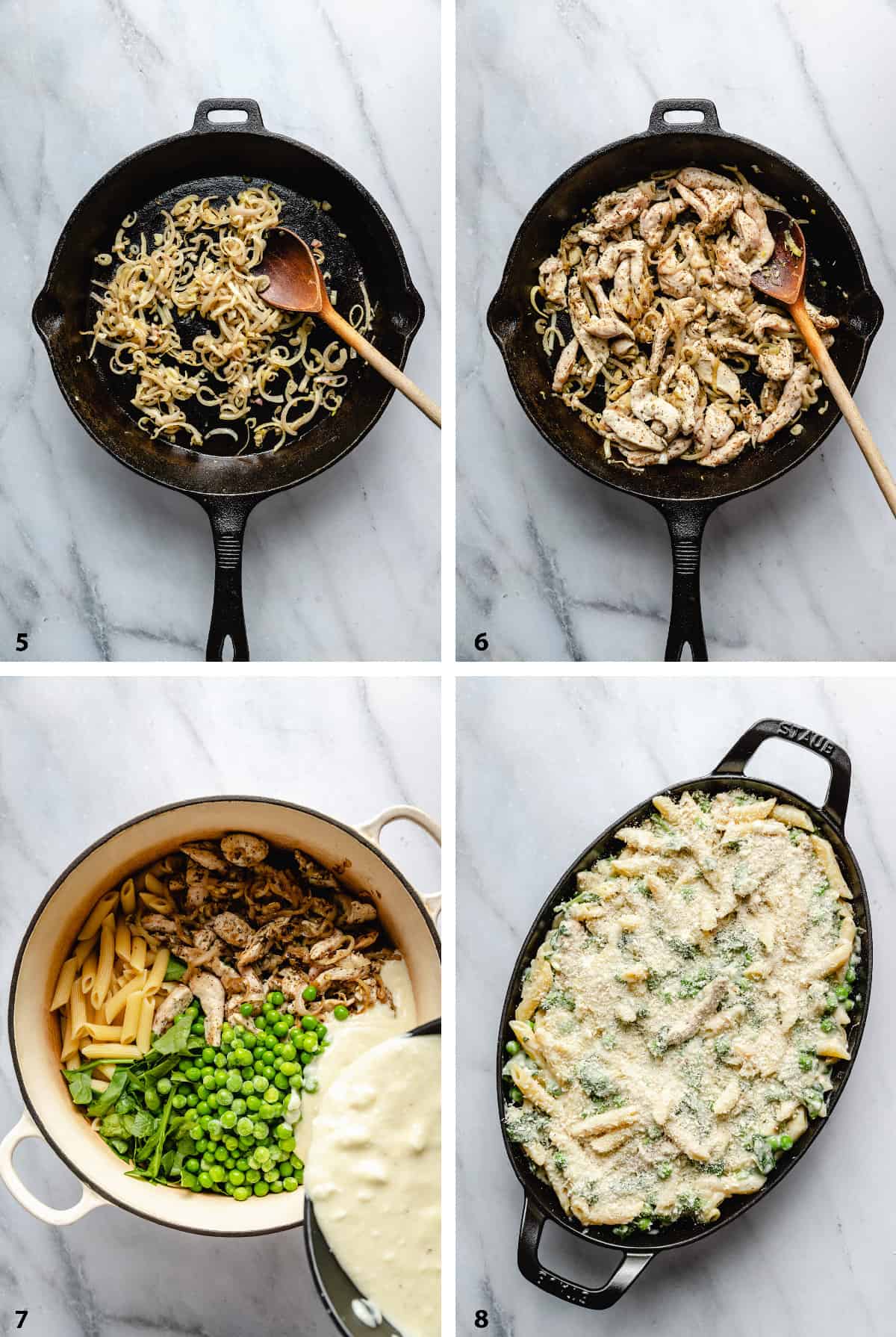 Process steps of creating the creamy chicken pasta bake ready to be baked.