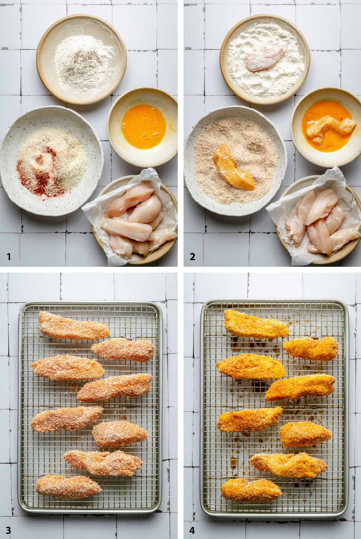 Process steps of dredging and breading the chicken then baking on a wire rack.