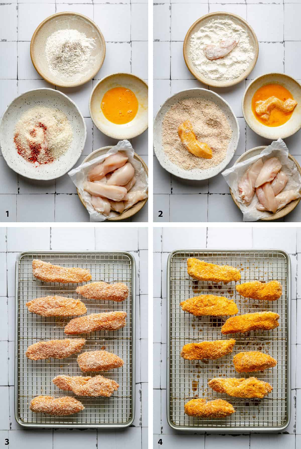 Process steps of dredging and breading the chicken then baking on a wire rack. 