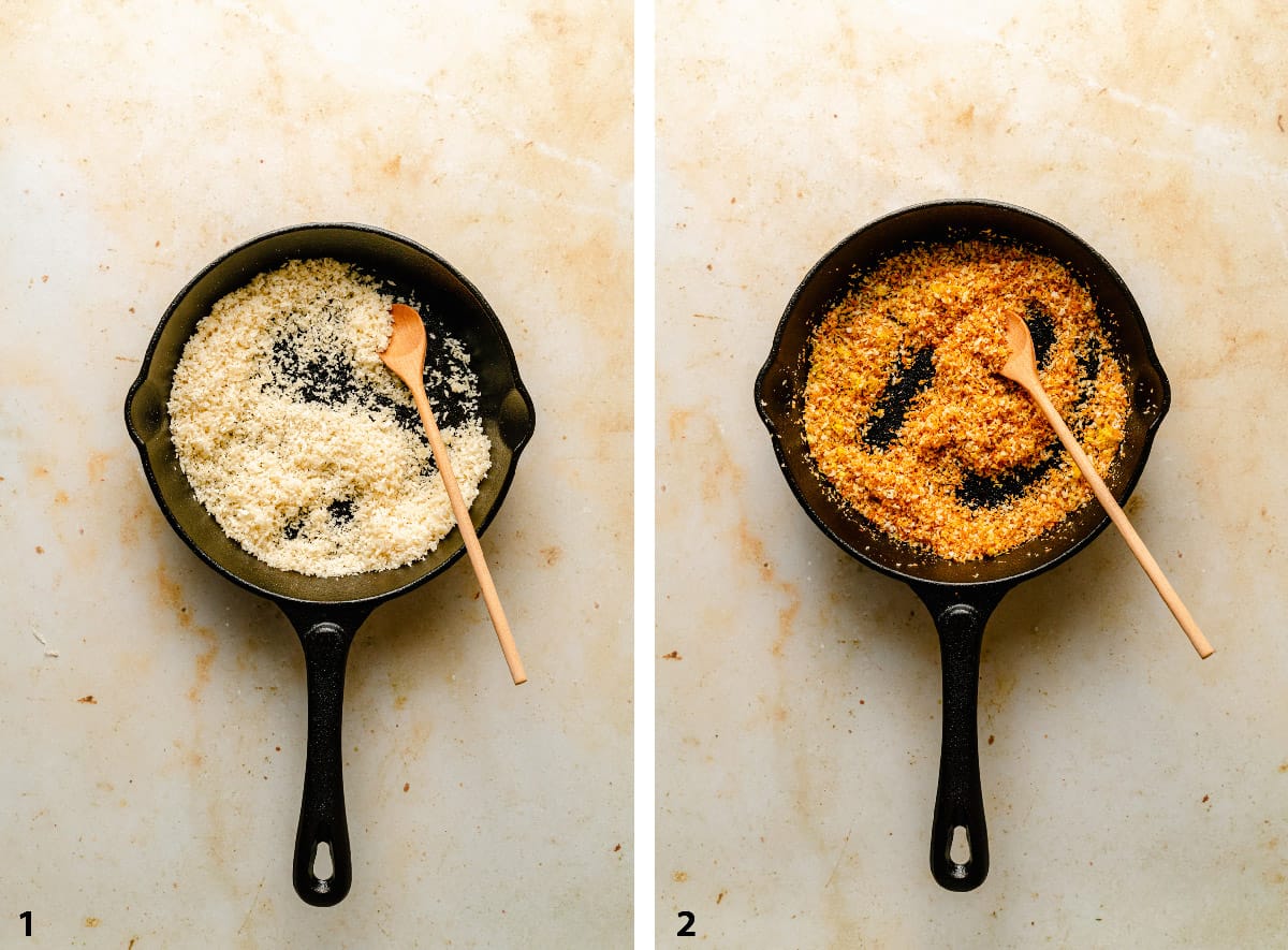 Process steps of creating the crispy lemon breadcrumbs in a skillet with a spoon.