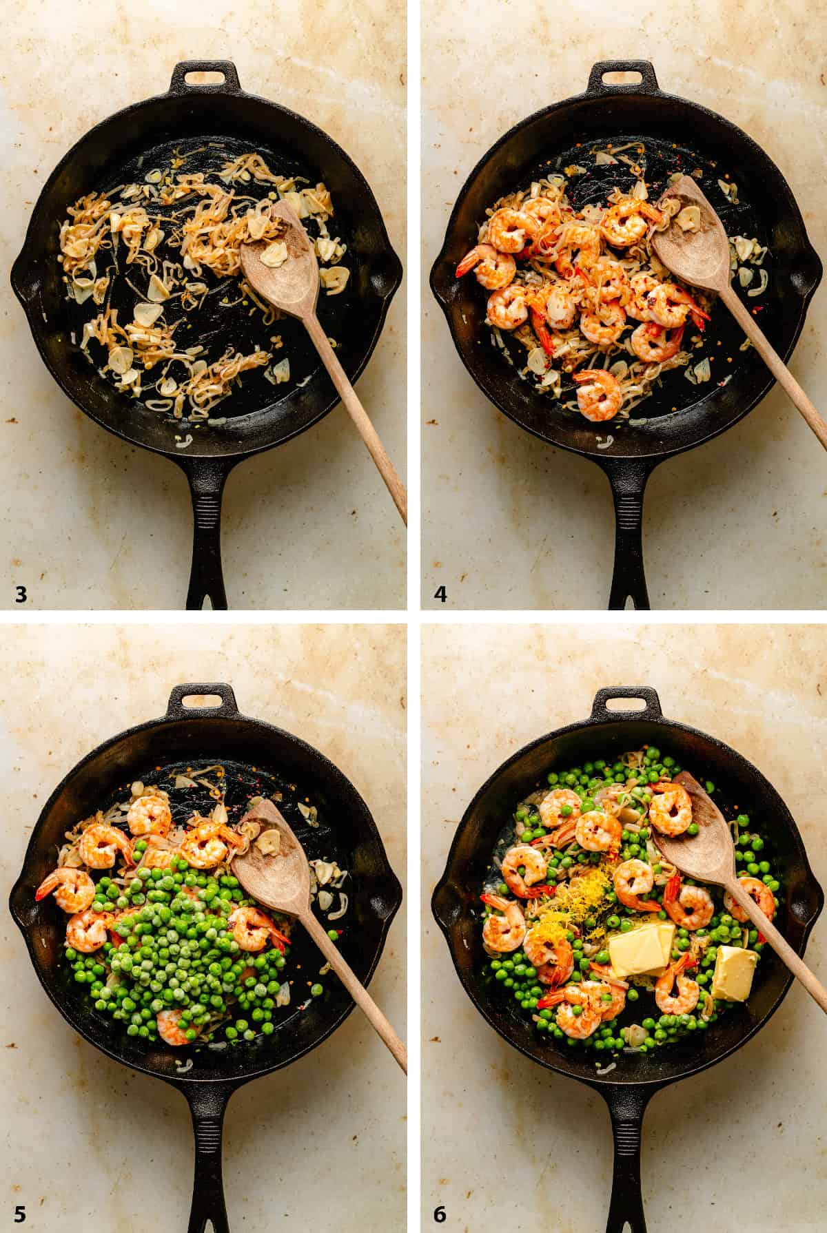 Process of creating the lemon garlic shrimp pasta sauce with the veggies and butter.