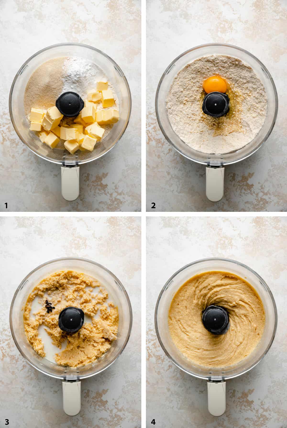 Process steps on creating the base cake batter in a food processor. 