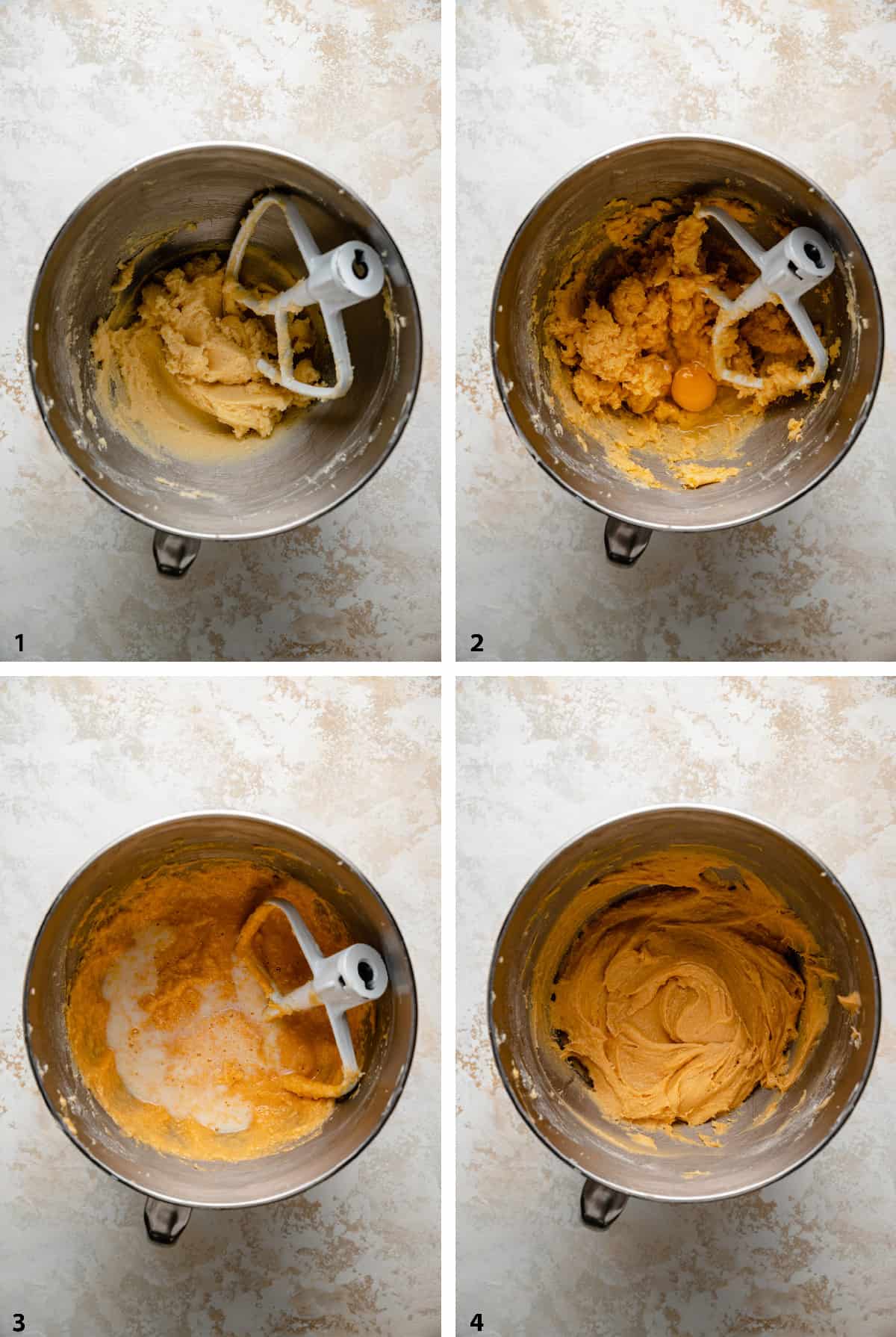 Process steps of making the base cake batter with a food or hand mixer.