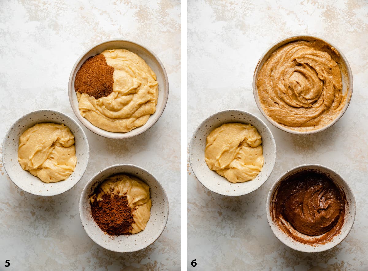 Process of mixing in coffee and cocoa powders to make the coffee and chocolate batters.