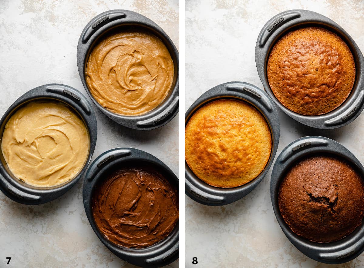 Pre and post baking cakes in 6 inch cake tins on a plaster background.