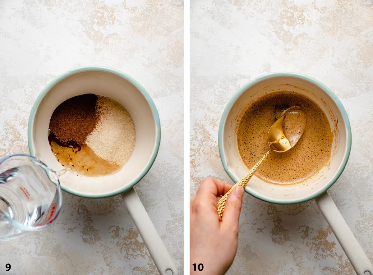 Process of creating the coffee syrup in a saucepan being stirred with a spoon.