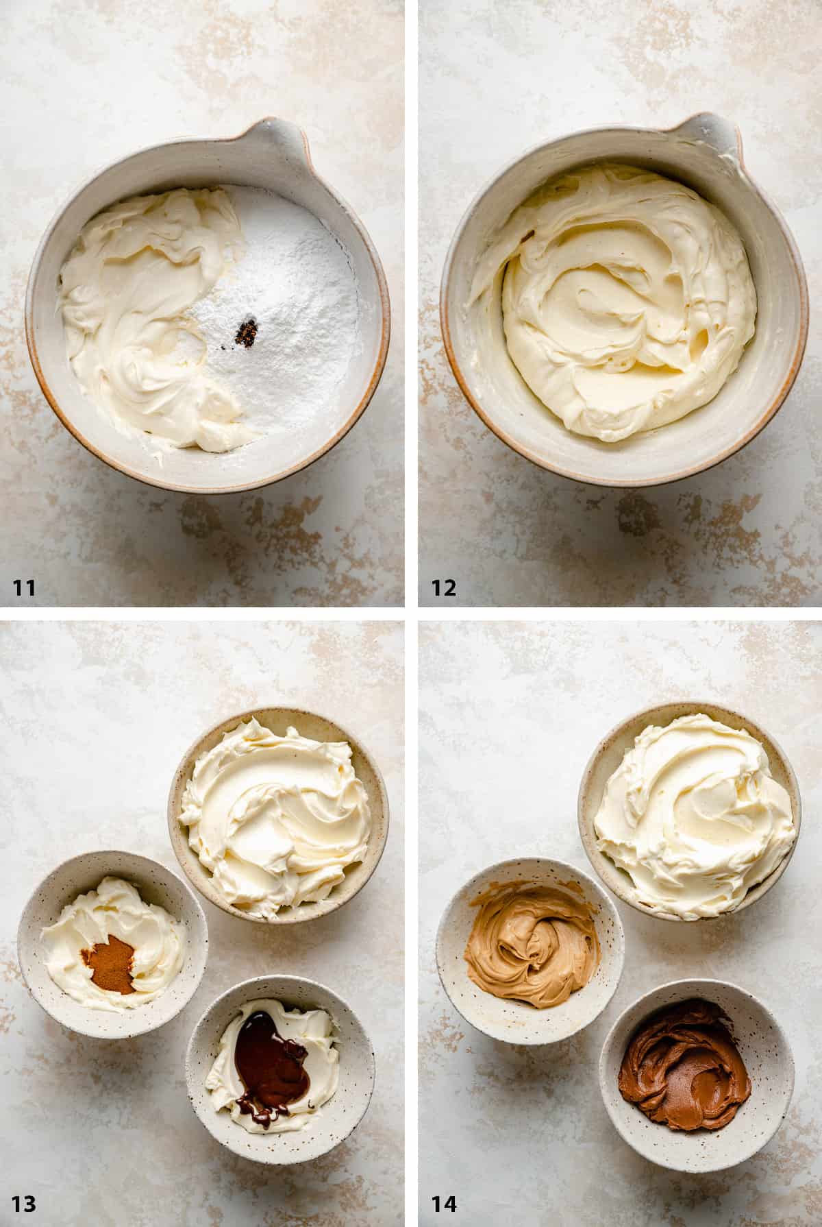 Process steps of making the ombre mascarpone frosting mixes reading for decorating.