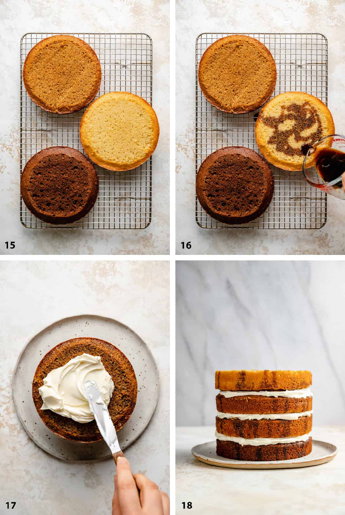 Process of levelling cakes, soaking in syrup and layering with mascarpone frosting.