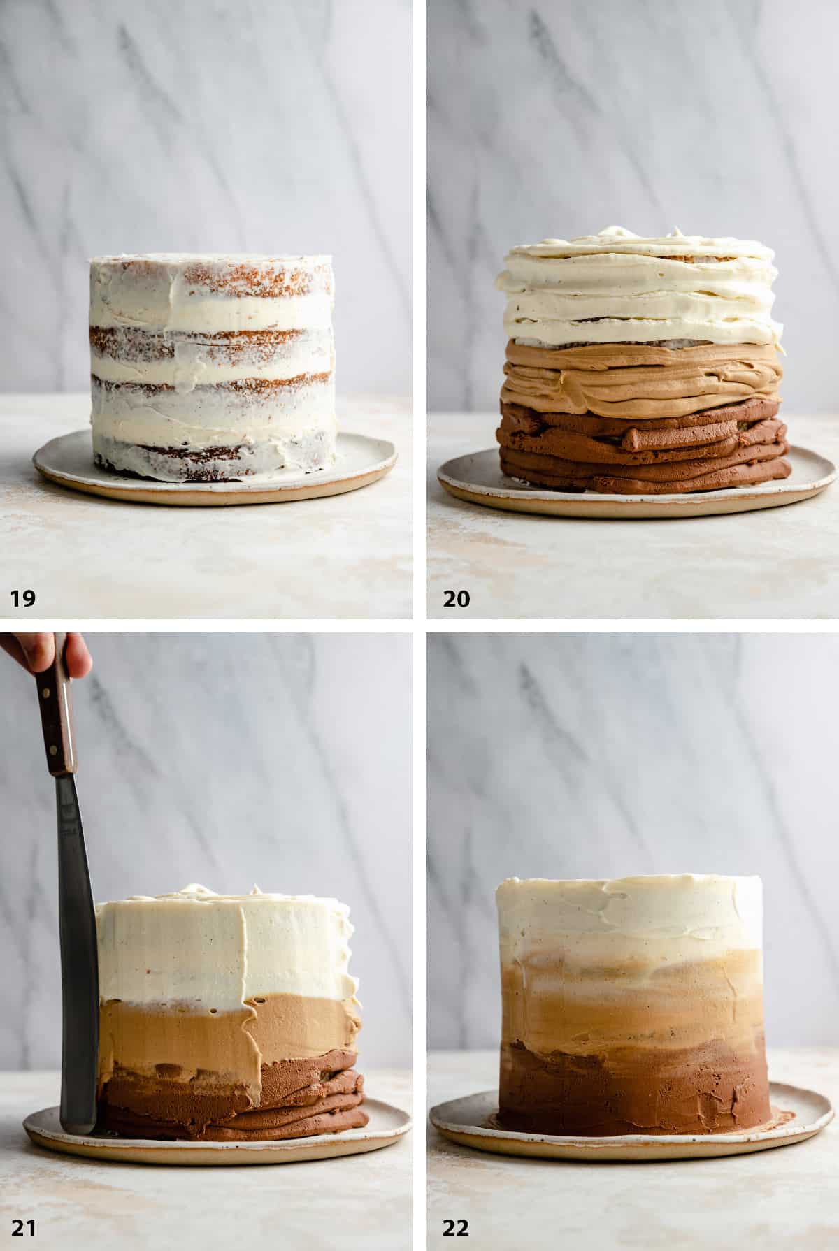 process of applying crumb layer then frosting with the ombre mascarpone frosting.