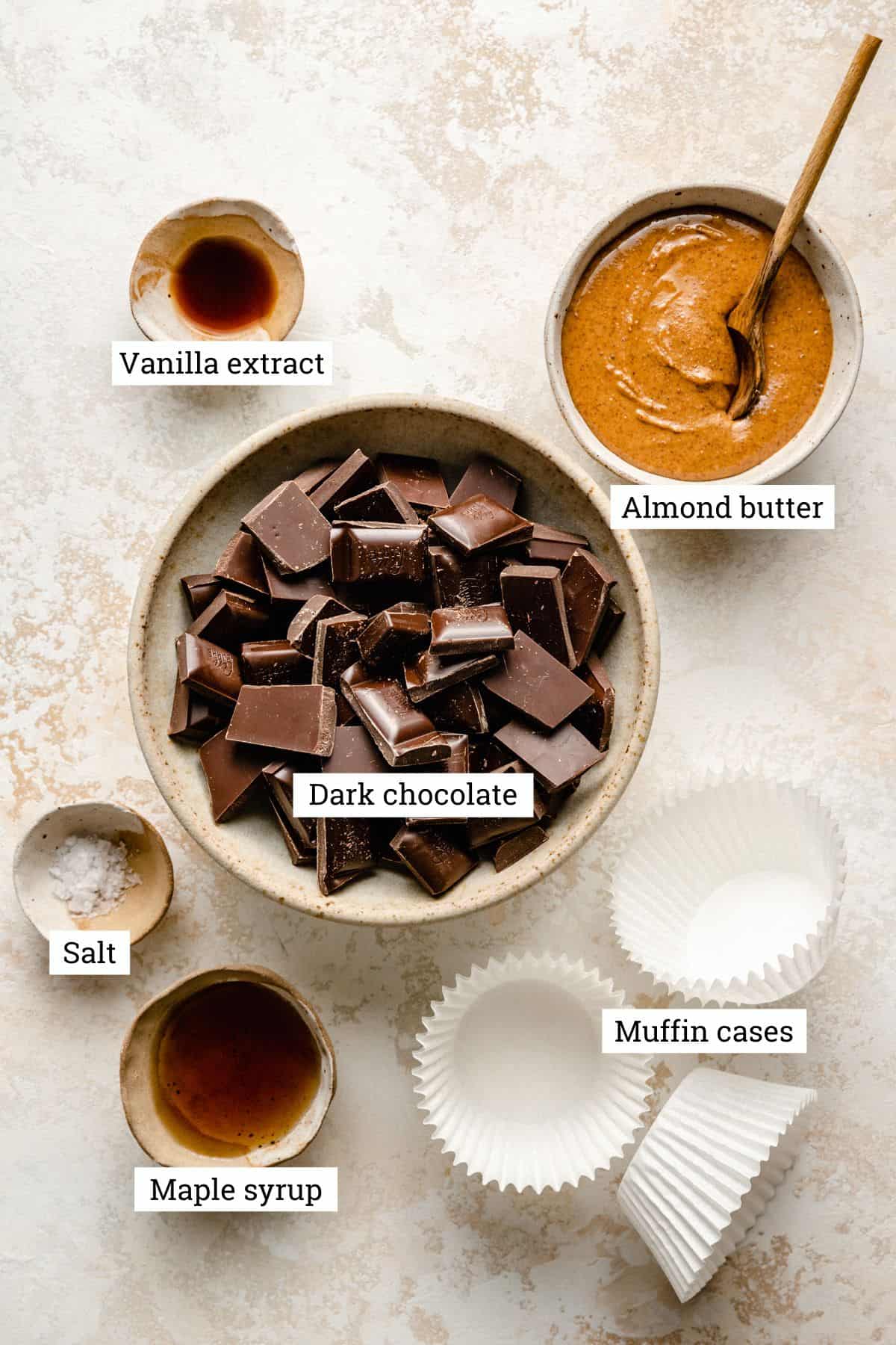 Ingredients for almond butter cups with labels on.