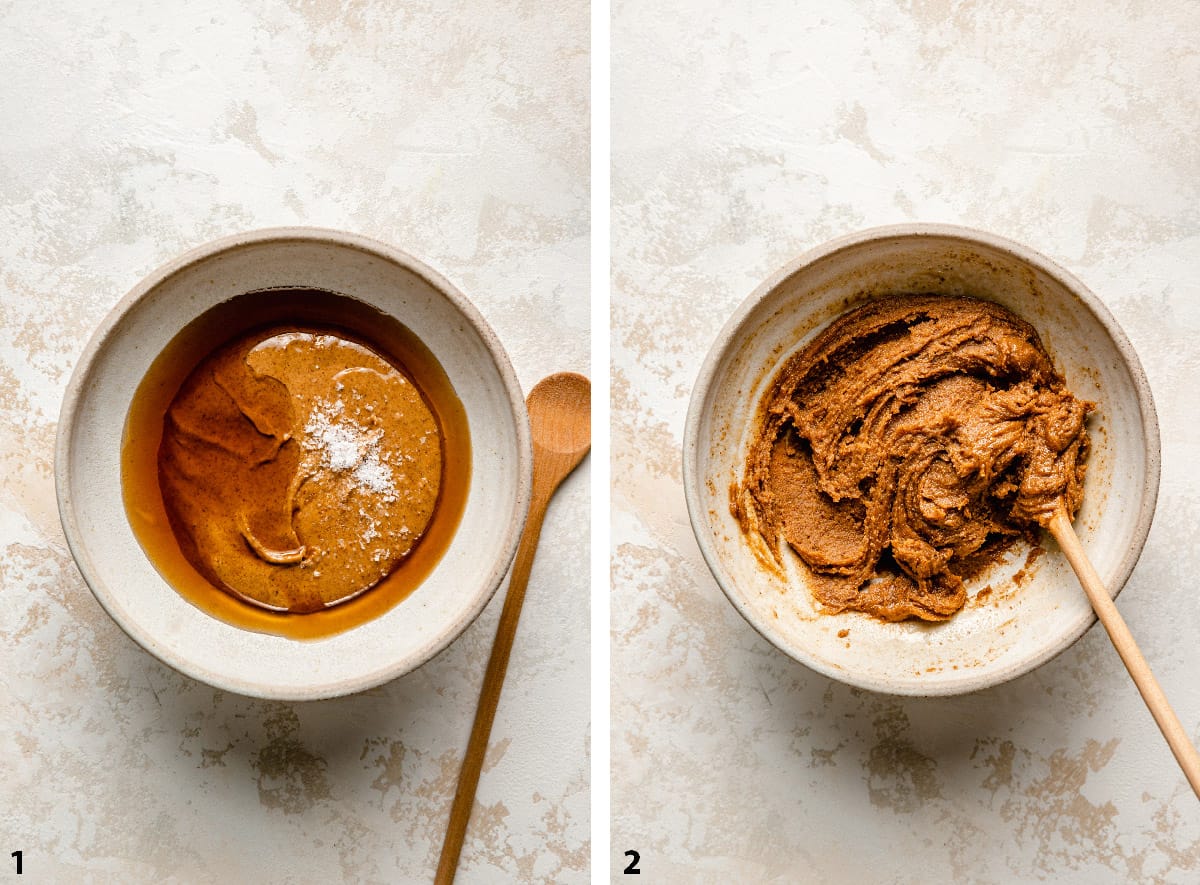 Process steps of making the almond butter paste in a bowl with wooden spoon.